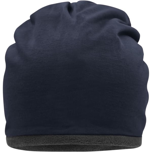 A Fleece Beanie in navy with a soft inner lining, featuring a logo on the exterior.