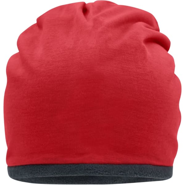 A red fleece beanie with a dark grey cuff, featuring a logo on the side.