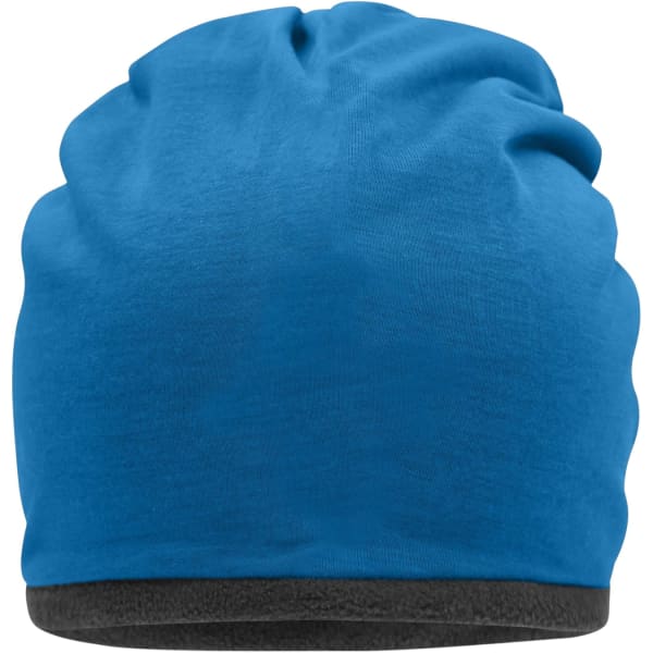 A fleece beanie in blue with a black trim, featuring a logo on the side.