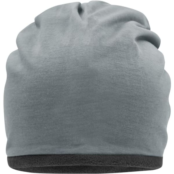 A fleece beanie in light grey with a dark grey band at the bottom. It features a logo.