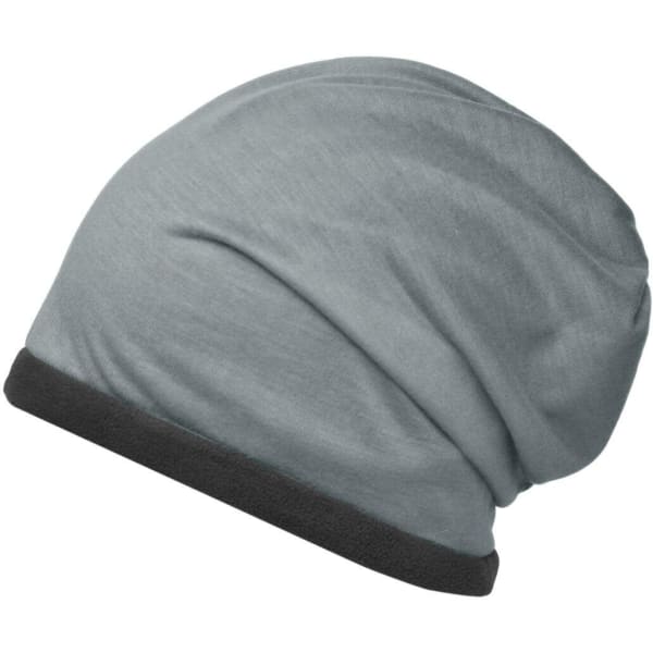 A grey fleece beanie with a darker grey band at the bottom, featuring a logo.