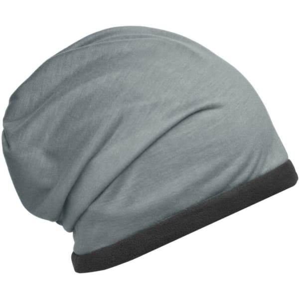 A grey fleece beanie with a darker grey trim, featuring a logo on the side.