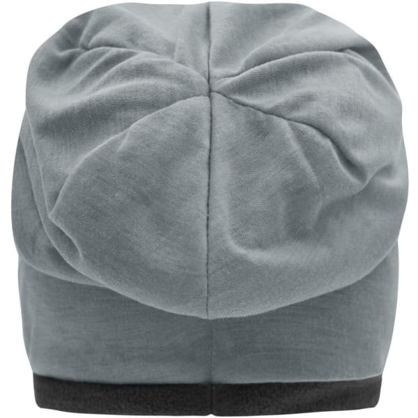 A grey fleece beanie with a gathered design and a contrasting dark band at the base. It features a logo on the side.