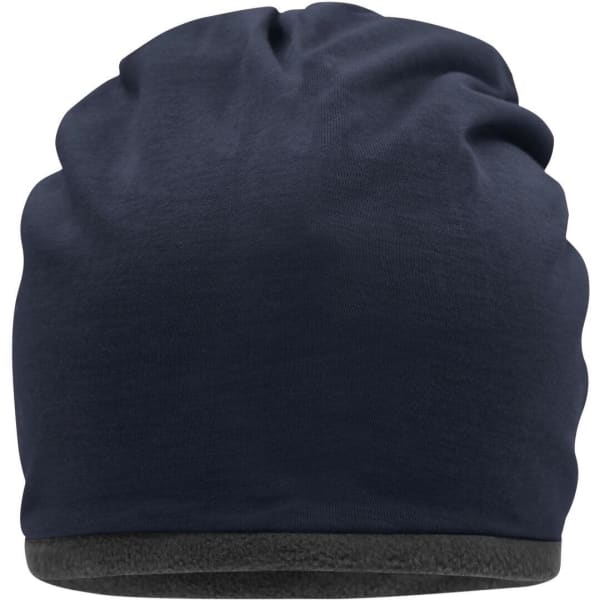 A fleece beanie in navy blue with a soft interior lining. It features a logo on the side.