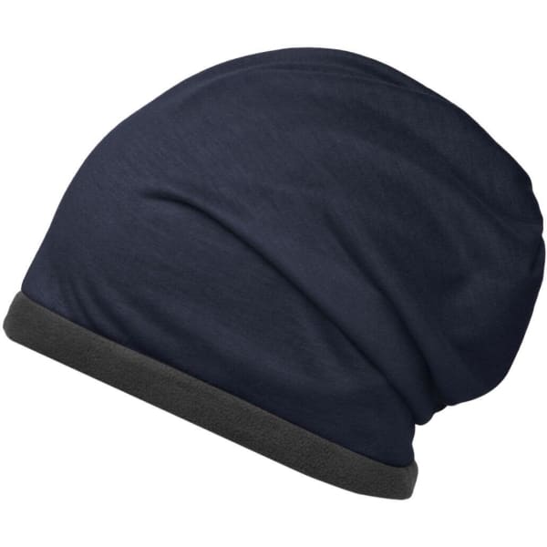 A navy fleece beanie with a grey cuff, featuring a logo. Soft and warm fabric ideal for cold weather.