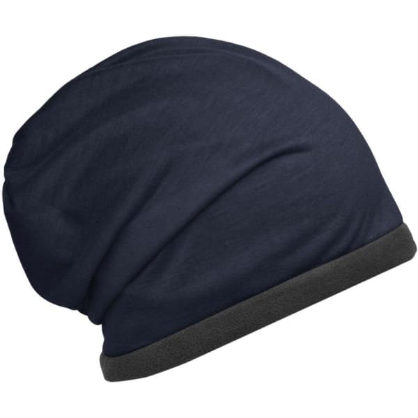 A fleece beanie in dark navy with a contrasting black band at the bottom. It has a simple design and a logo.