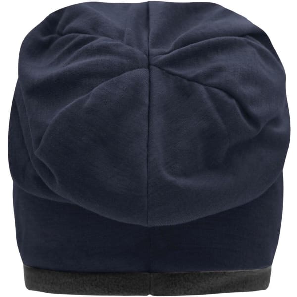 A navy blue fleece beanie with a textured finish and a soft lining at the base. It has a logo on one side.
