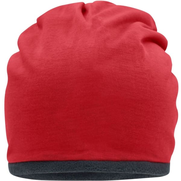 A red fleece beanie with a dark grey cuff, featuring a logo on the side.