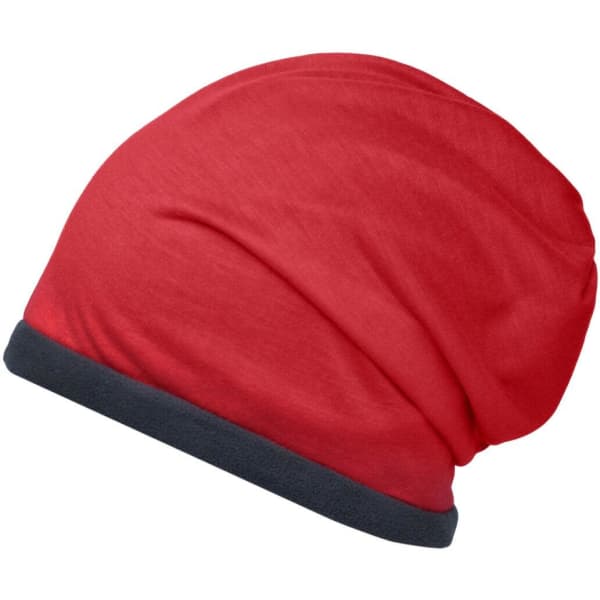 A fleece beanie in red with a grey trim, featuring a soft, relaxed fit. It has a logo displayed.