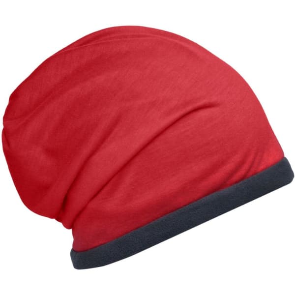 A red fleece beanie with a contrasting dark grey band at the bottom and a soft, slouchy design.