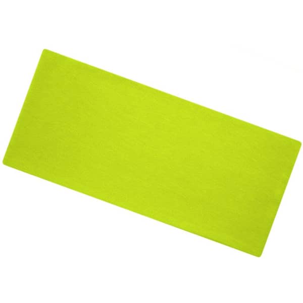 A vibrant lime green headband made of bio cotton, featuring a branded logo.
