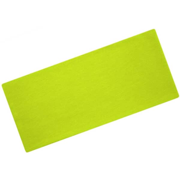 A bright green bio cotton headband laid flat, featuring a logo.