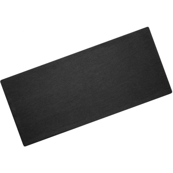 A black rectangular mat with a textured surface, featuring a logo in one corner.
