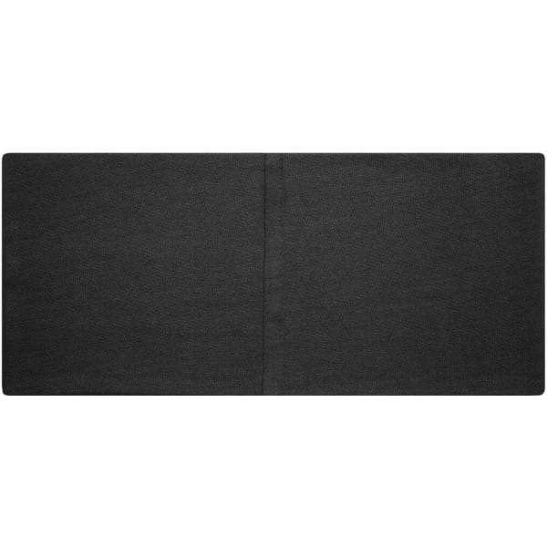 A dark grey headband made from bio cotton, featuring a logo at one end.