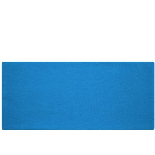 A blue bio cotton headband with a soft texture, featuring an unembellished design and a logo.