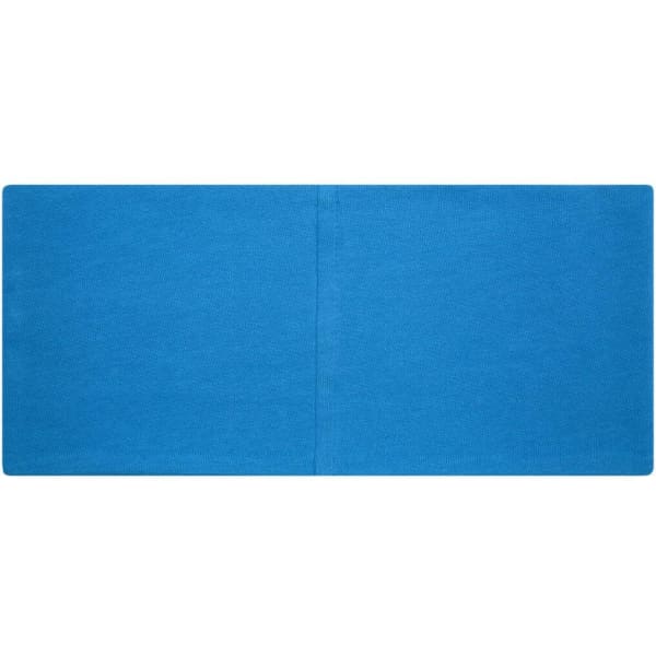 A blue bio cotton headband with a simple design and a logo on it.