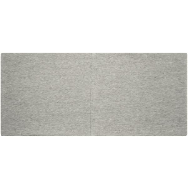 A grey bio cotton headband with a seamless design, featuring a subtle branding logo.