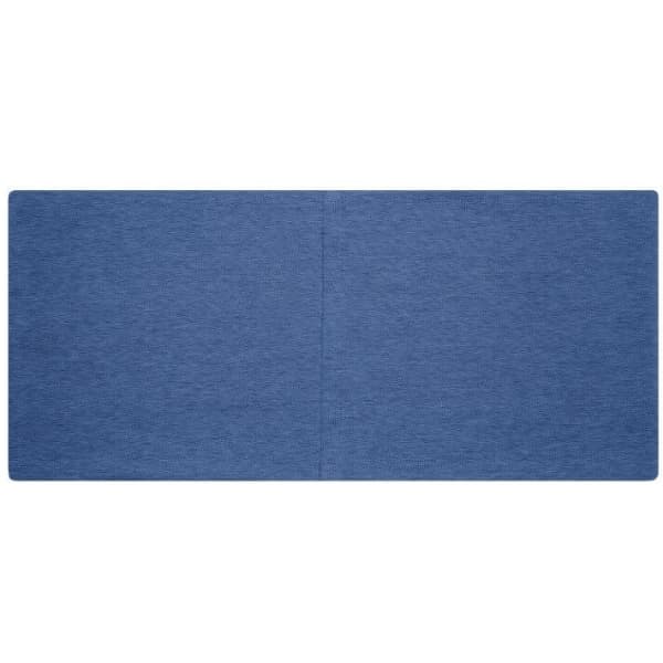 A blue bio cotton headband displayed flat, featuring a logo on one side.