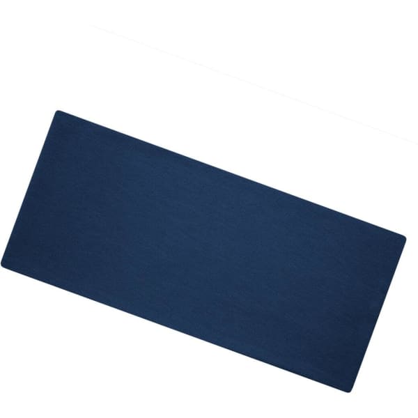 A navy blue headband made from bio cotton, featuring a branding logo.