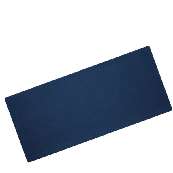 A blue bio cotton headband laid flat against a white background, featuring a logo on one side.