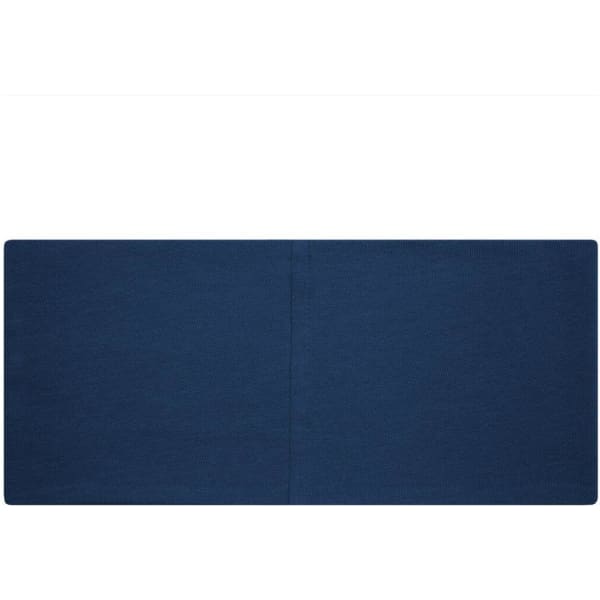 A navy blue headband made of bio cotton, featuring a logo at one end.