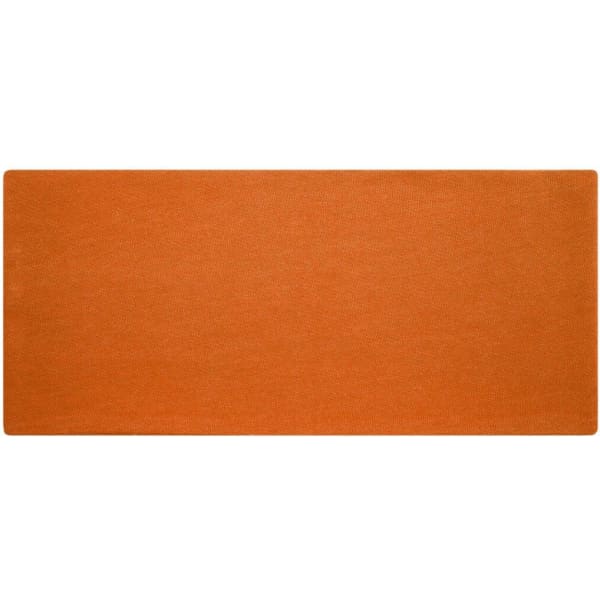 An orange headband with a smooth, textured finish, featuring a logo.