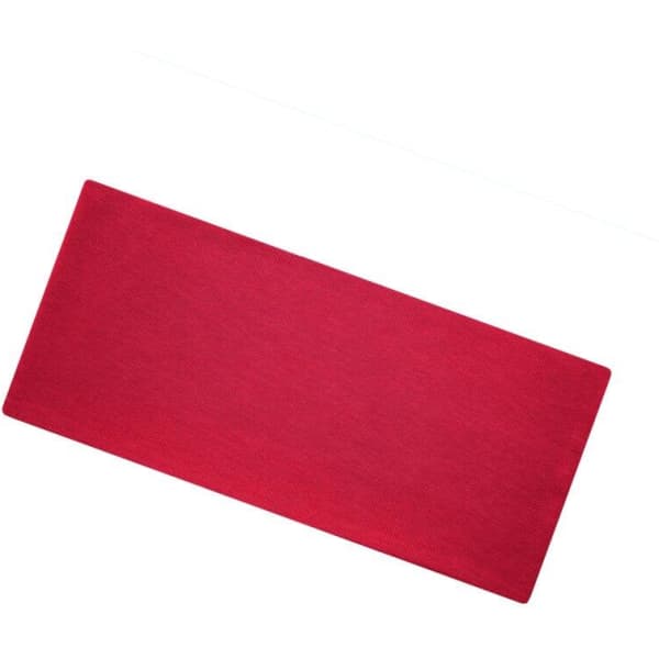 A bright red bio cotton headband with a smooth texture and rectangular shape. It features a logo.