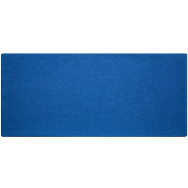 A blue bio cotton headband with an even texture, featuring a branding logo.