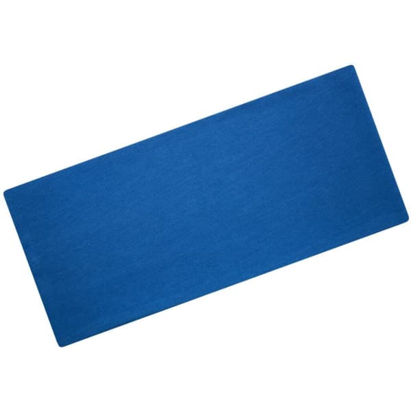 A blue headband made of bio cotton, featuring a simple design and a logo.