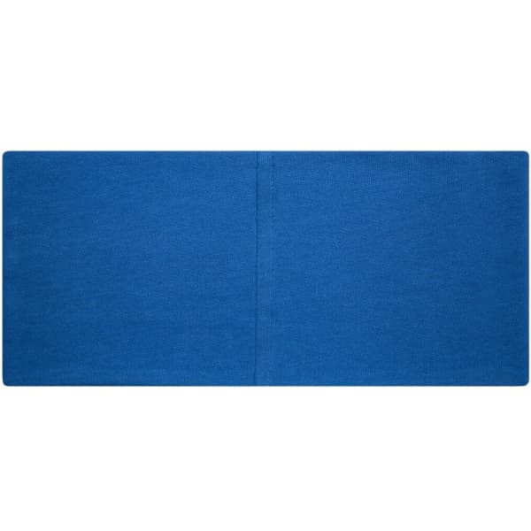 A blue cotton headband featuring a simple design and a logo.