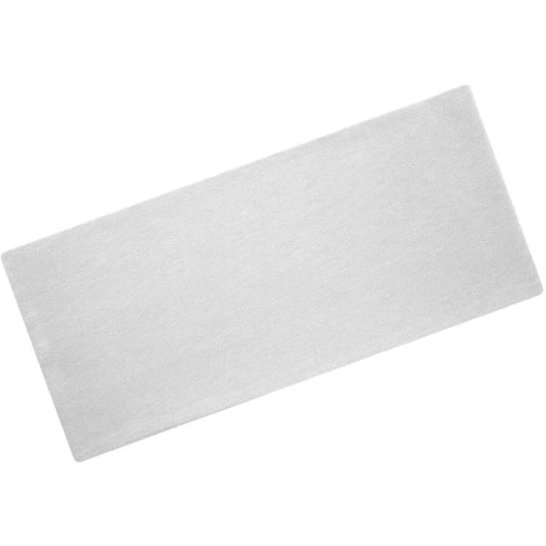 A white bio cotton headband, rectangular in shape, featuring a logo.