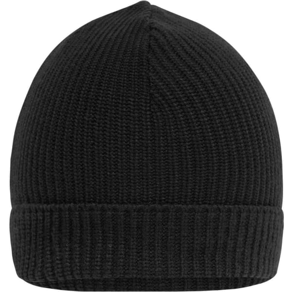 A black ribbed beanie with a folded cuff and a simple logo on one side.
