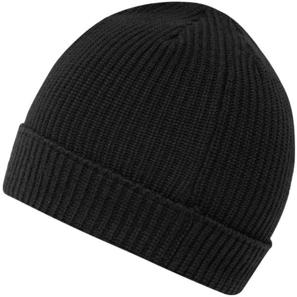 A black knitted beanie featuring a ribbed design and a fold-up cuff. It includes a logo on the side.