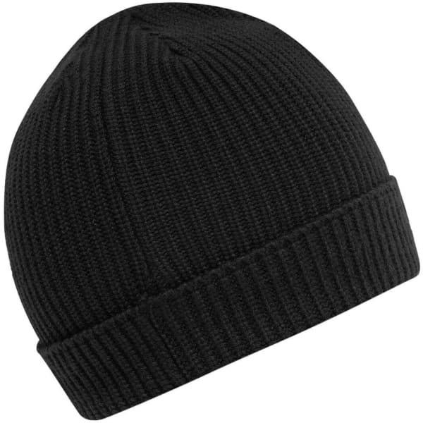 A black workwear beanie with a ribbed texture and a folded cuff, featuring a logo.