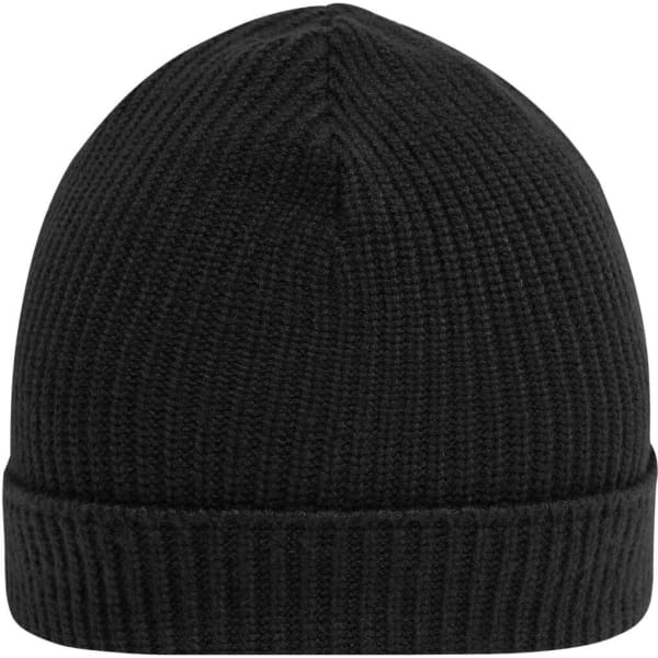 A black knitted beanie with a ribbed texture and a folded cuff, featuring a logo.