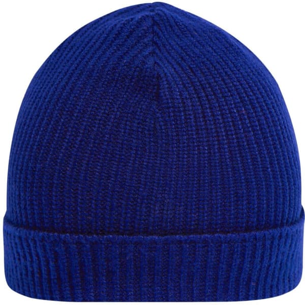 A blue beanie with a ribbed texture and a folded cuff, featuring a logo on the side.
