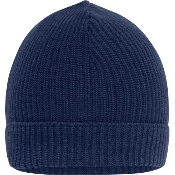 A navy blue beanie with a textured knit design and a folded brim, featuring a logo.