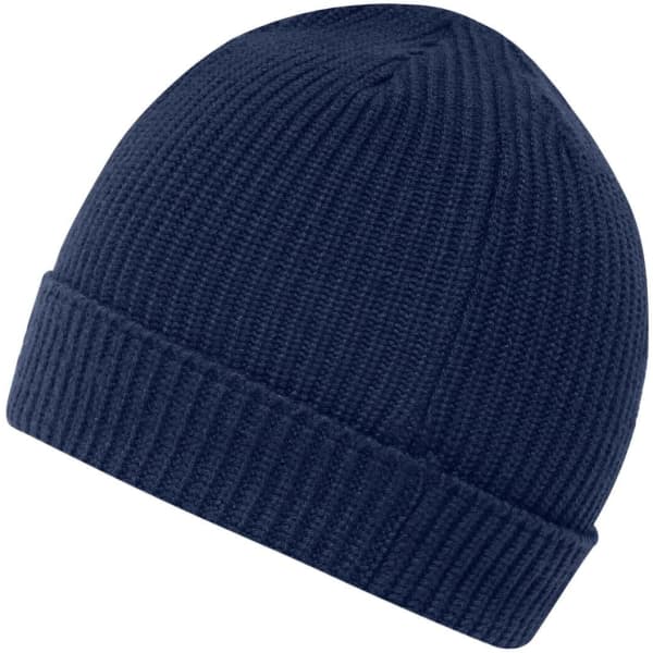 A navy blue beanie with a ribbed texture and a folded cuff, featuring a logo on the side.