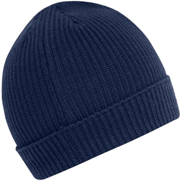 A navy blue knitted beanie with a ribbed texture and folded brim, featuring a logo.