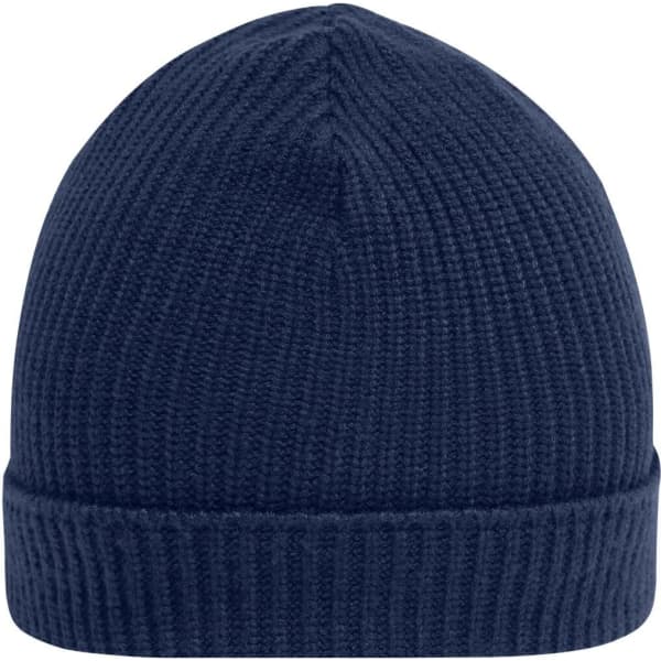 A navy blue beanie with a ribbed texture and a fold-up cuff. It features a logo on the side.