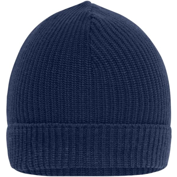 A navy blue ribbed beanie with a turned-up cuff and a logo.