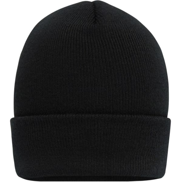 A black high brim beanie with a folded cuff and a simple design, featuring a logo.