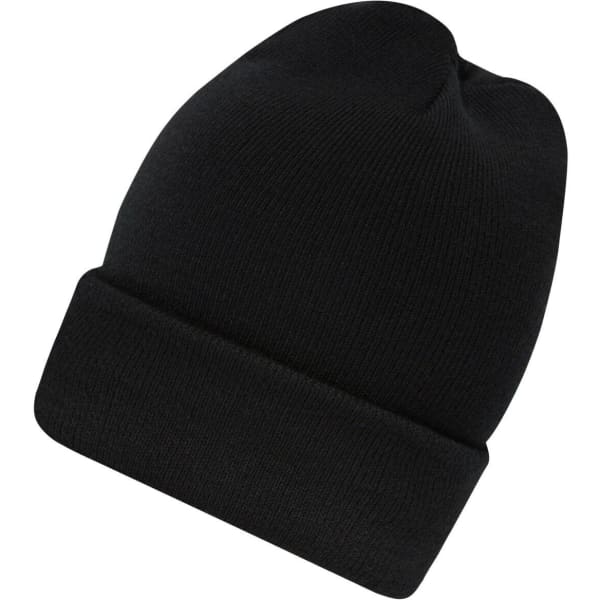 A high brim beanie in solid black, featuring a folded cuff and a smooth texture. It includes a small logo.