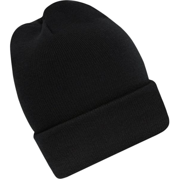 A high brim beanie in black with a fold-over cuff and a simple logo.