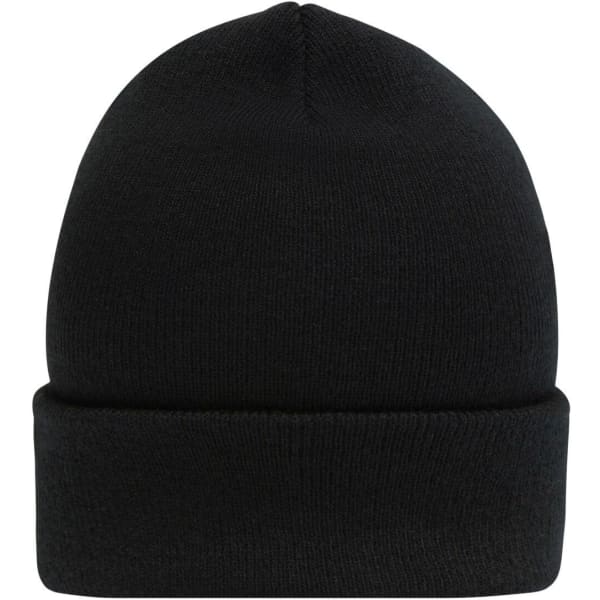A black high brim beanie with a folded cuff, featuring a logo on the side.