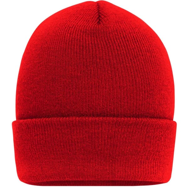 A red high brim beanie with a folded cuff, featuring a simple design and a logo on the side.