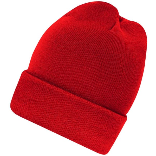 A red high brim beanie with a folded brim and soft texture. It has a logo on one side.