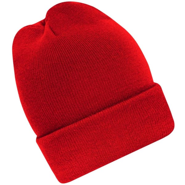 A red high brim beanie with a folded cuff. The beanie features a logo on its side.
