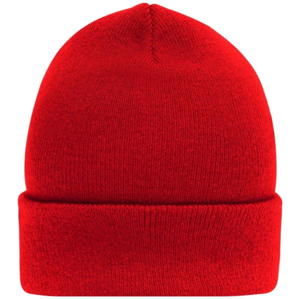 A red high brim beanie with a rolled cuff. The beanie is made of a soft fabric and has a logo.