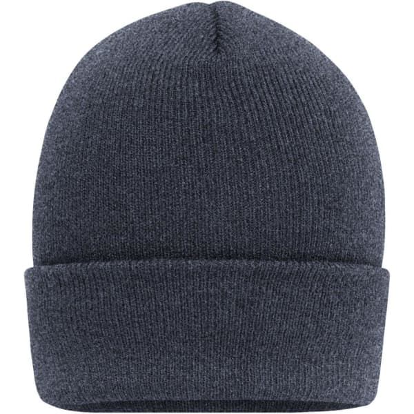 A high brim beanie in dark grey, featuring a simple knitted design and a folded cuff at the bottom.